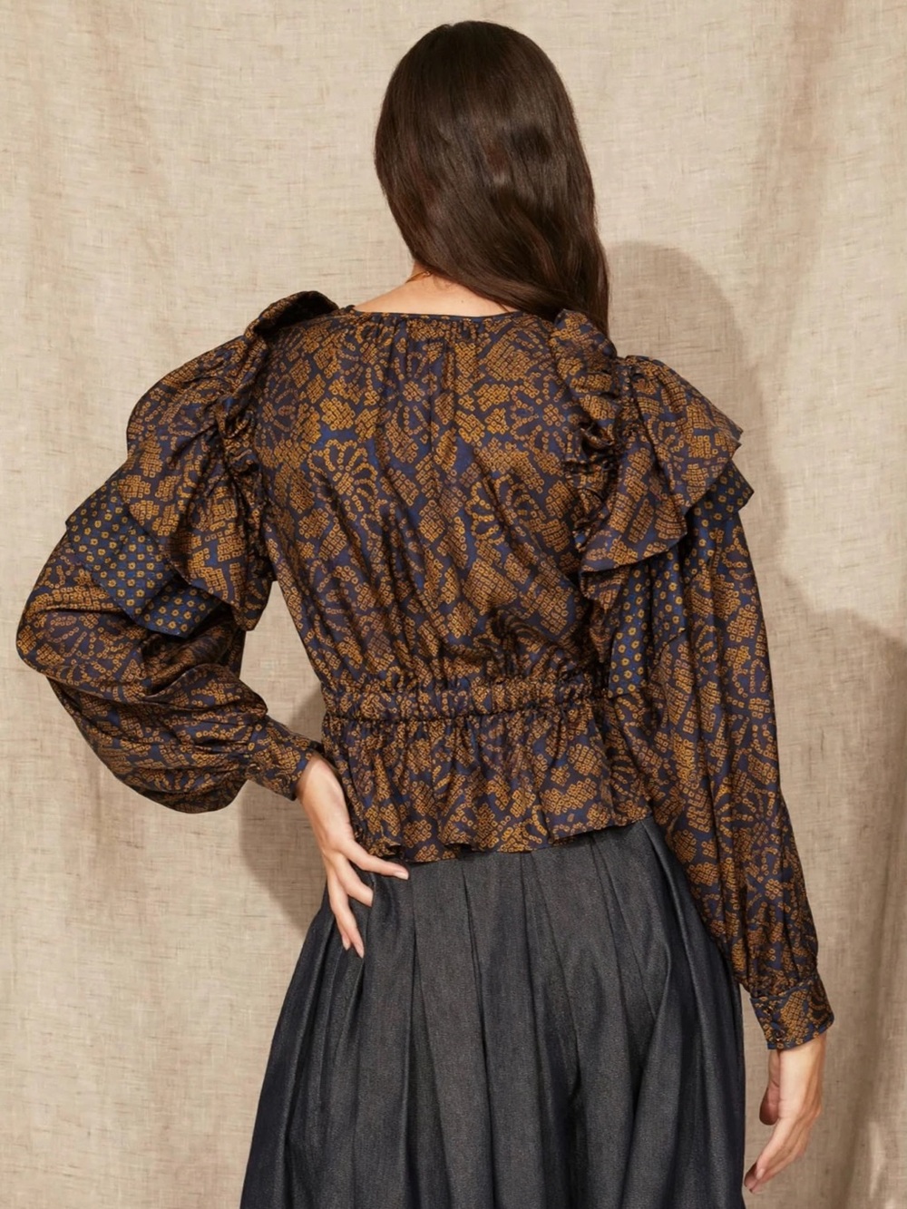 Ulla Johnson Indra Blouse Woven Puff-Sleeve Peplum Top in Navy Sz 10 - Picture 3 of 10